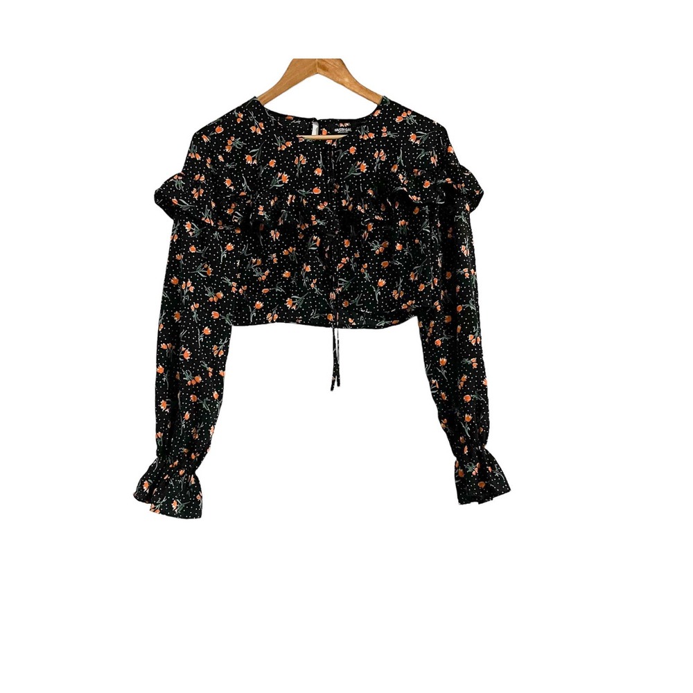 Nasty Gal Black floral crop top ruffled cuffs, 10